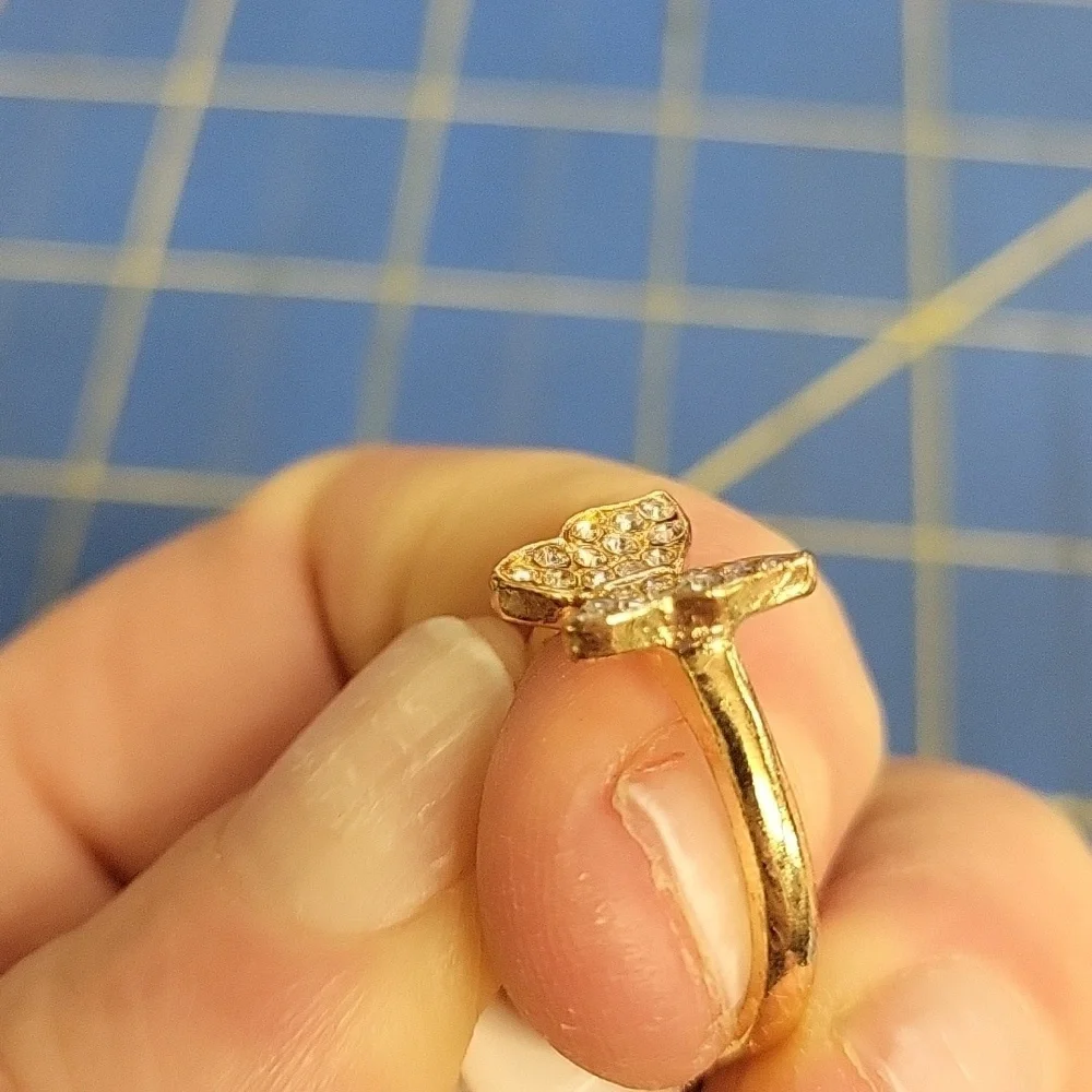 Rhinestone Butterfly Gold Tone Ring Size 7